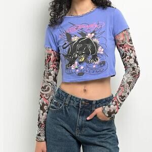 Ed Hardy Swallow 2fer Midnight Long Sleeve Crop T-Shirt